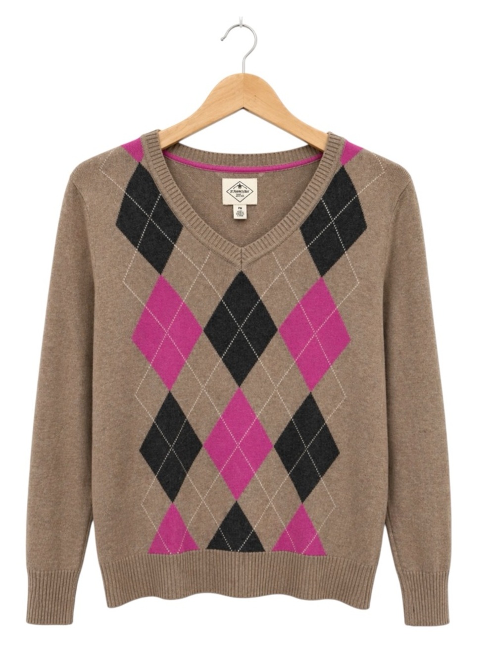 St. John’s Bay Argyle V Neck Sweater Pink Tan Cotton Petite Medium Preppy‎